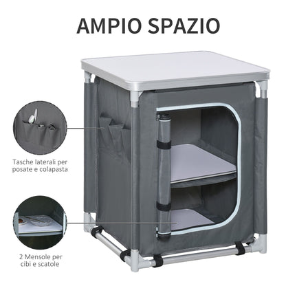 Camping Kitchen Station, Aluminum Camping Table Cook Cupboard with 2-Shelf and Carrying Bag for BBQ Party Picnics, Grey