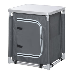 Camping Kitchen Station, Aluminum Camping Table Cook Cupboard with 2-Shelf and Carrying Bag for BBQ Party Picnics, Grey