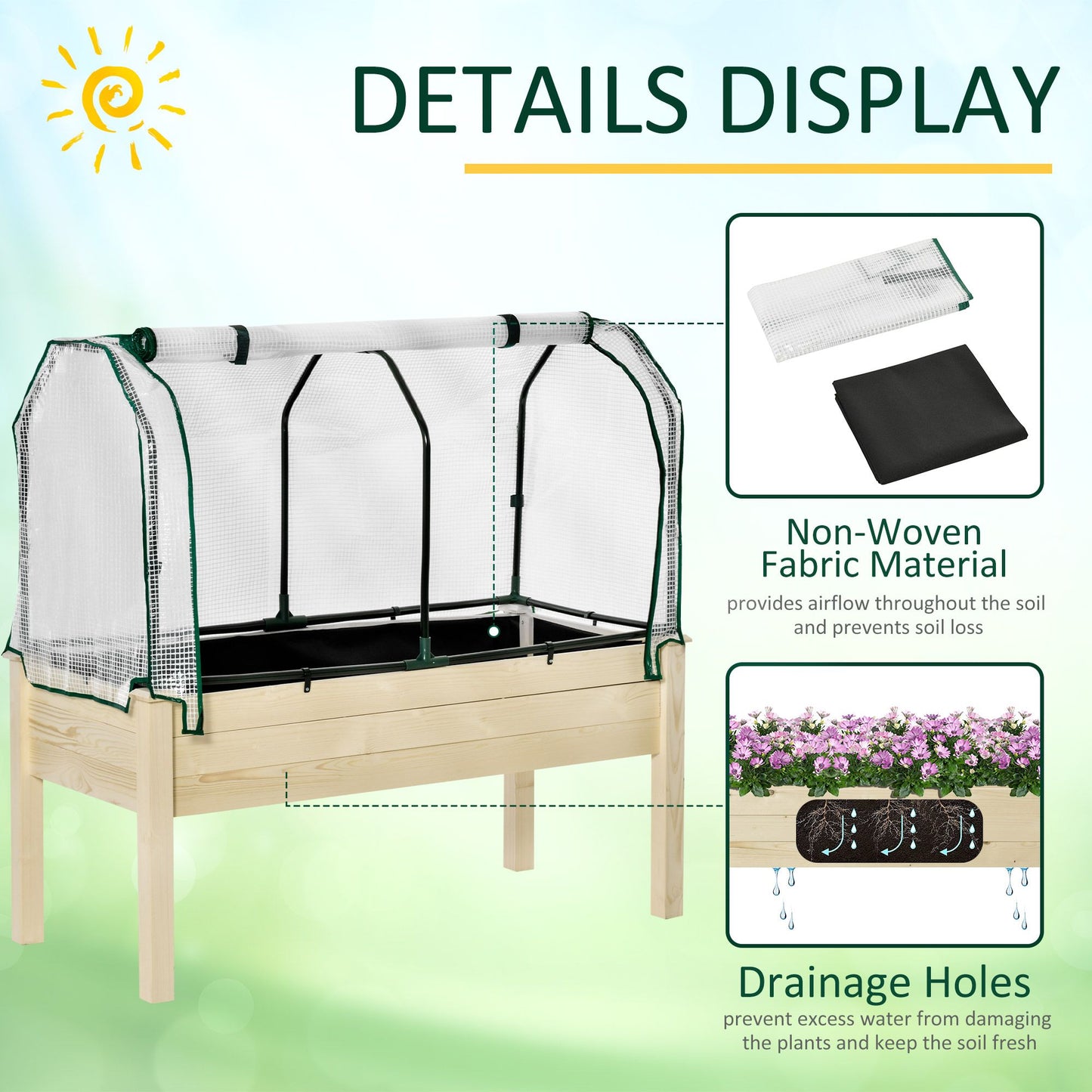 Raised Garden Bed with PE Greenhouse Cover Outdoor Elevated Wood Planter Box for Herbs and Vegetables, Use for Patio, Backyard, Balcony, 48 x 22 x 46 inch, Natural