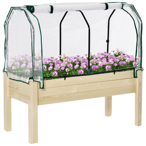 Raised Garden Bed with PE Greenhouse Cover Outdoor Elevated Wood Planter Box for Herbs and Vegetables, Use for Patio, Backyard, Balcony, 48 x 22 x 46 inch, Natural