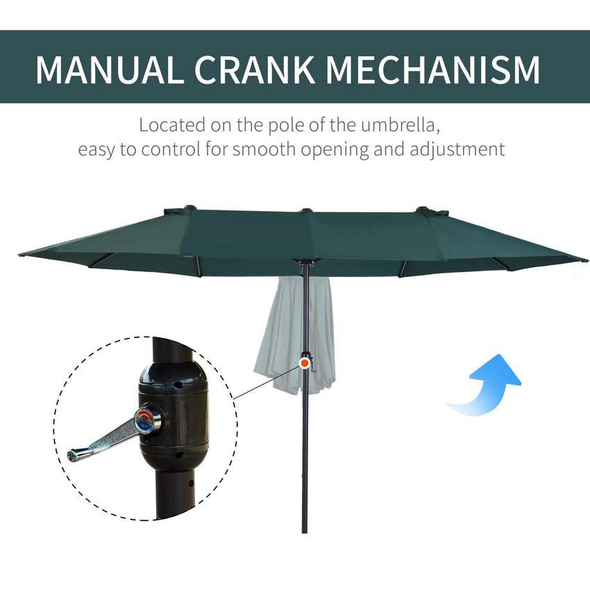15ft Double-sided Patio Umbrella with Twin Canopy, Extra Large Outdoor Parasol with Crank for Pool, Deck, Market, Dark Green