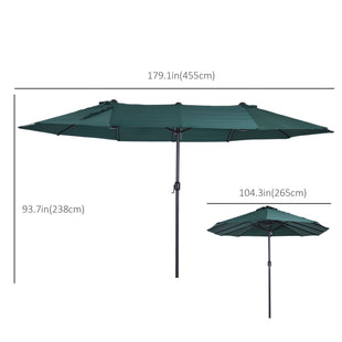 15ft Double-sided Patio Umbrella with Twin Canopy, Extra Large Outdoor Parasol with Crank for Pool, Deck, Market, Dark Green
