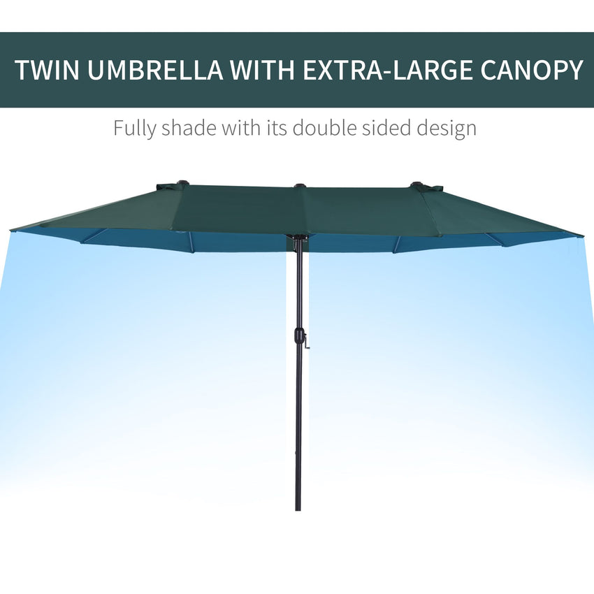 15ft Double-sided Patio Umbrella with Twin Canopy, Extra Large Outdoor Parasol with Crank for Pool, Deck, Market, Dark Green