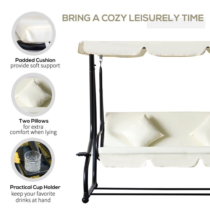 3 Seater Patio Swing Chair Convertible Cushioned Bed Outdoor Porch with Canopy and Pillow