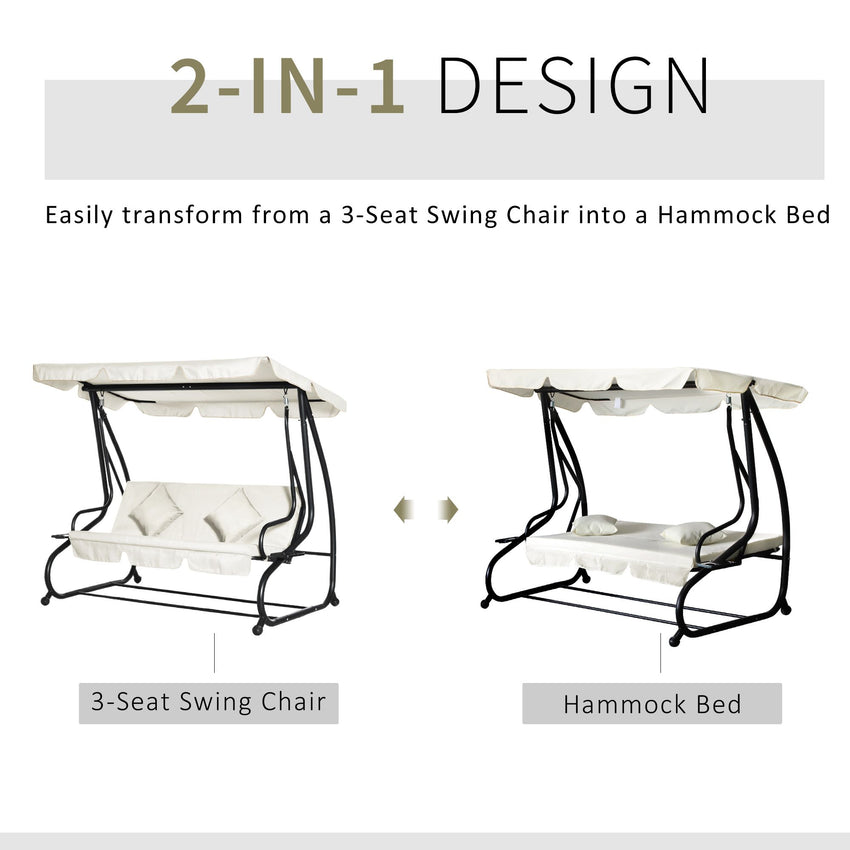 3 Seater Patio Swing Chair Convertible Cushioned Bed Outdoor Porch with Canopy and Pillow