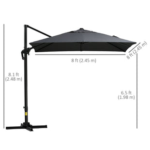 8'x8' Square Patio Hanging Offset Umbrella, Outdoor Cantilever Parasol w/ Cross Base, Dark Grey