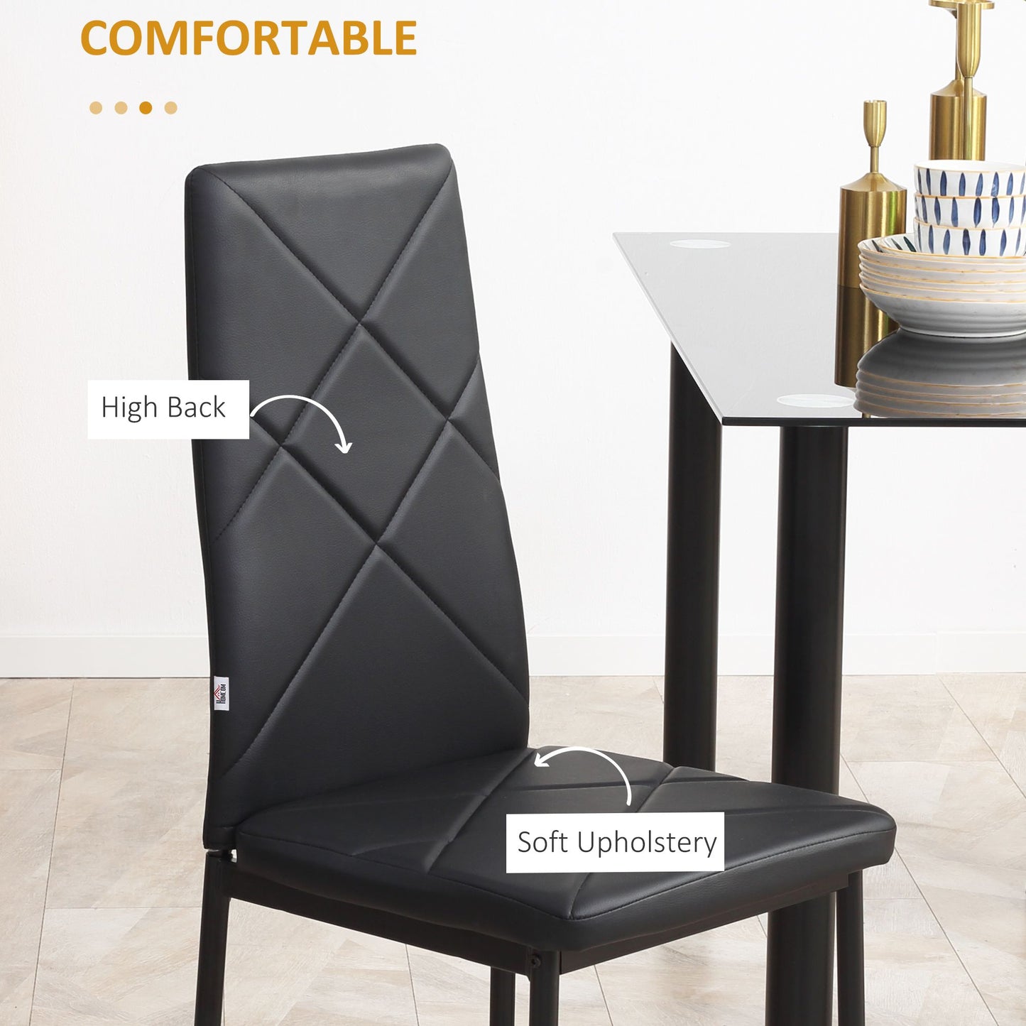 Dining Chairs Set of 4, Modern Accent Chair with High Back, Upholstery Faux Leather and Steel Legs for Living Room, Kitchen, Black