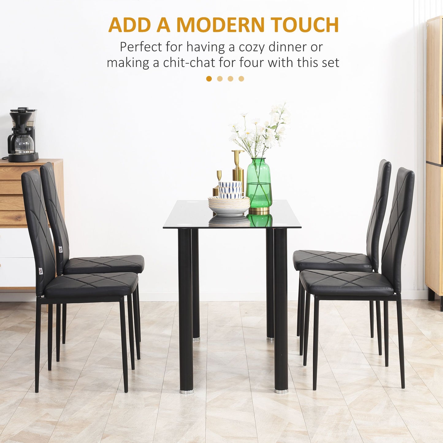 Dining Chairs Set of 4, Modern Accent Chair with High Back, Upholstery Faux Leather and Steel Legs for Living Room, Kitchen, Black