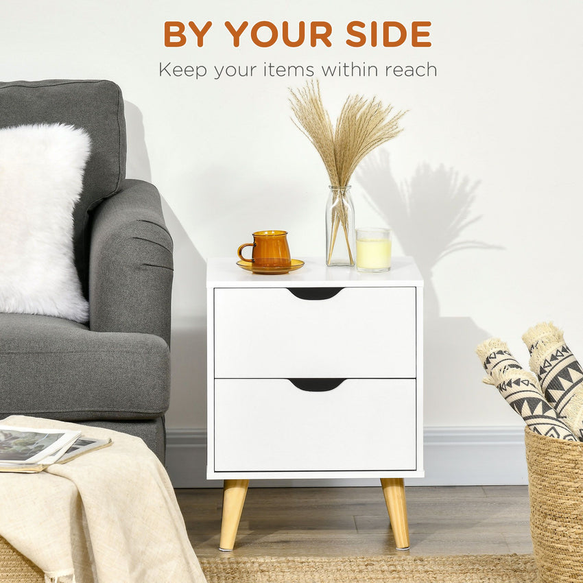 Modern Bedside Table, Nightstand with 2 Drawers and Pine Wood Legs for Bedroom, Living Room, White