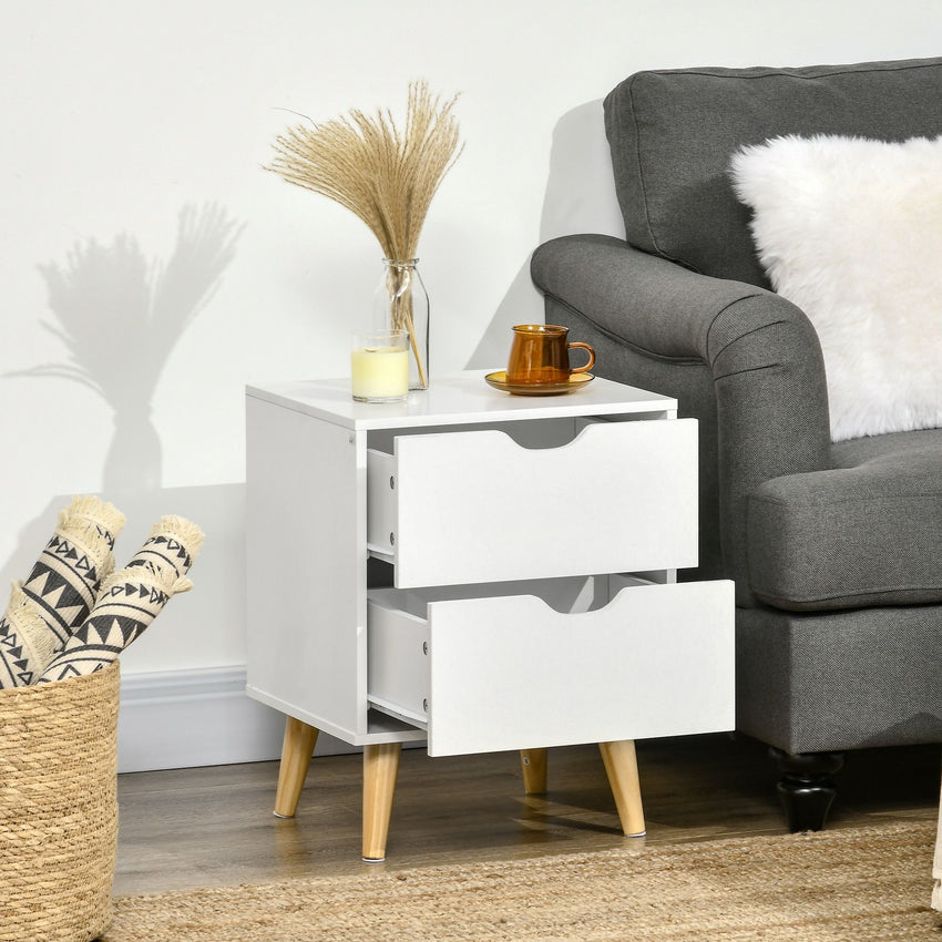Modern Bedside Table, Nightstand with 2 Drawers and Pine Wood Legs for Bedroom, Living Room, White