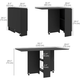 Extendable Dining Table, Collapsible Folding Table w/ 2-tier Shelves and Rolling Casters, Black