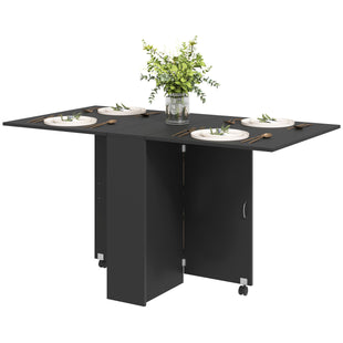 Extendable Dining Table, Collapsible Folding Table w/ 2-tier Shelves and Rolling Casters, Black