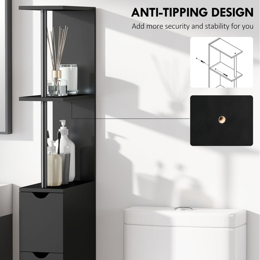 Tall Bathroom Storage Cabinet, Narrow Bathroom Cabinet with Drawers and Open Shelves for Small Spaces, Black
