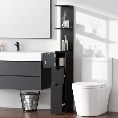 Tall Bathroom Storage Cabinet, Narrow Bathroom Cabinet with Drawers and Open Shelves for Small Spaces, Black