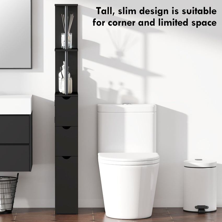 Tall Bathroom Storage Cabinet, Narrow Bathroom Cabinet with Drawers and Open Shelves for Small Spaces, Black