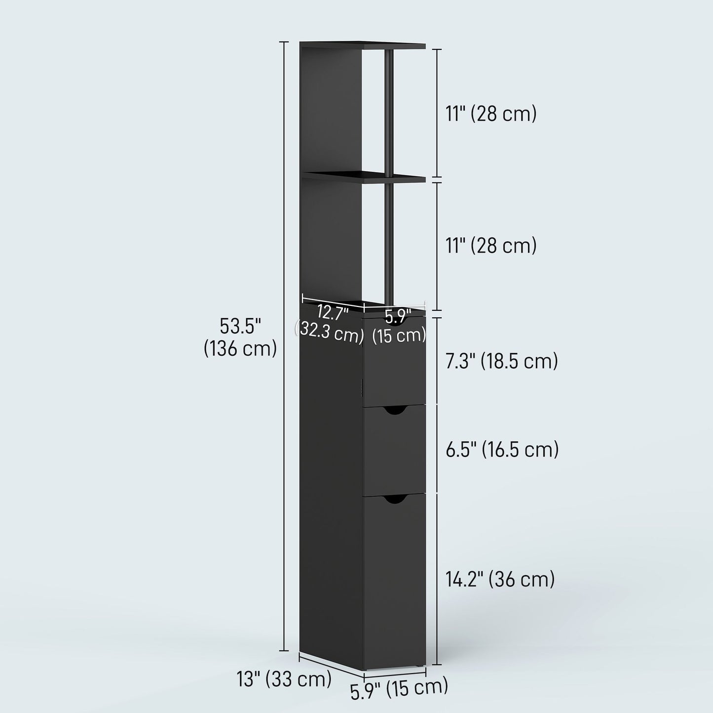 Tall Bathroom Storage Cabinet, Narrow Bathroom Cabinet with Drawers and Open Shelves for Small Spaces, Black
