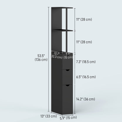 Tall Bathroom Storage Cabinet, Narrow Bathroom Cabinet with Drawers and Open Shelves for Small Spaces, Black