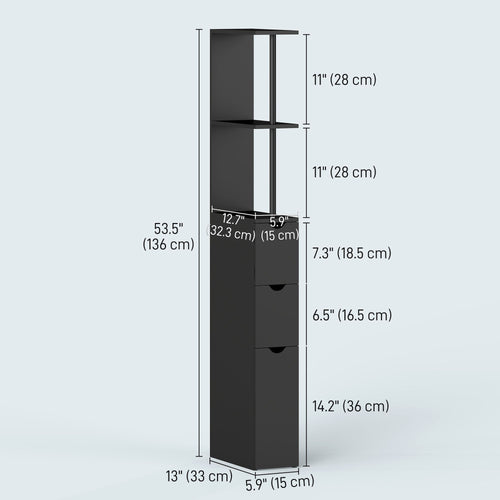 Tall Bathroom Storage Cabinet, Narrow Bathroom Cabinet with Drawers and Open Shelves for Small Spaces, Black