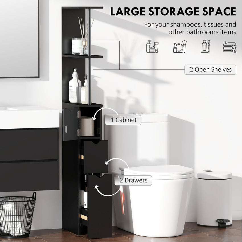 Tall Bathroom Storage Cabinet, Narrow Bathroom Cabinet with Drawers and Open Shelves for Small Spaces, Black