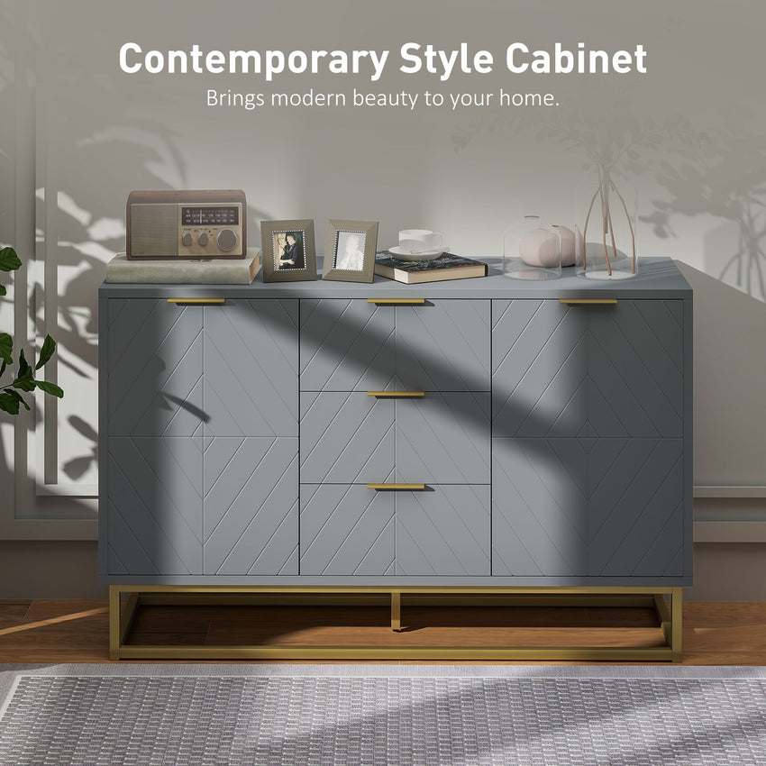 Sideboard Storage Cabinet with 3 Drawers, Adjustable Shelves and Doors, Kitchen Buffet Cabinet for Dining Room, Grey
