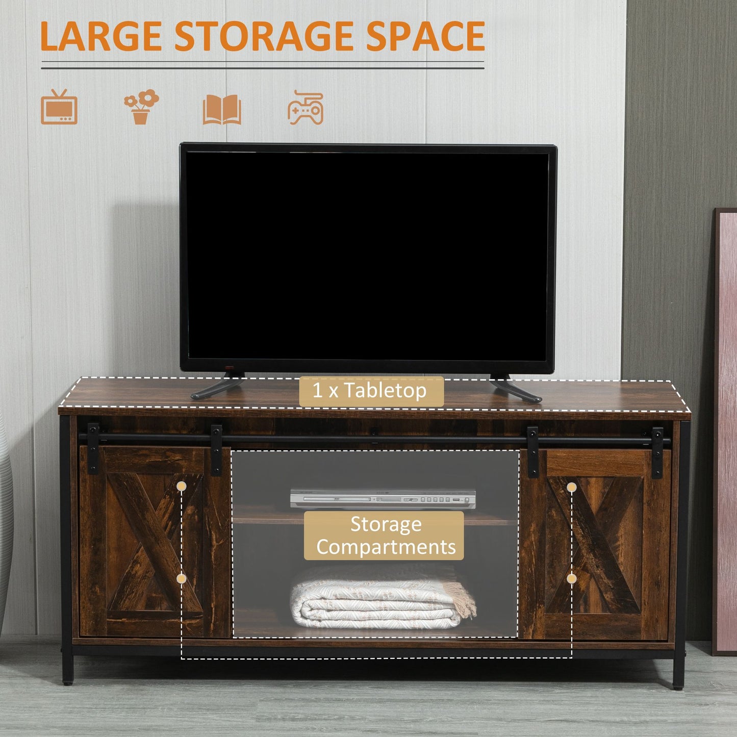 Industrial TV Stand for TVs up to 60", TV Console with Storage and 2 Sliding Barn Doors, Freestanding Entertainment Unit for Living Room, Bedroom, Brown