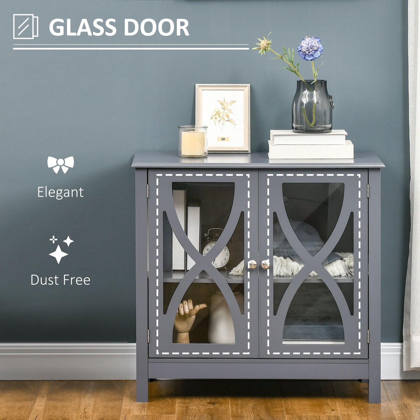 Kitchen Sideboard, Glass Door Buffet Cabinet, Bathroom Storage Cabinet with Adjustable Storage Shelf for Dining Room, Living Room, Grey