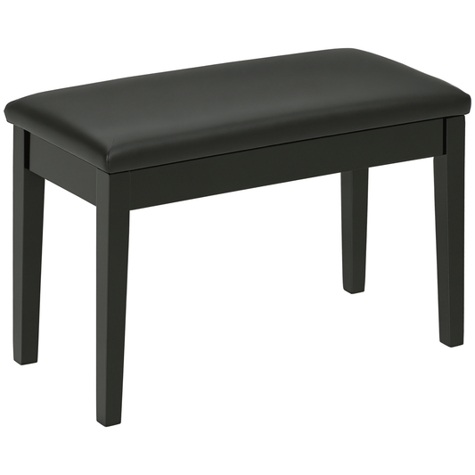 Classic Piano Bench Stool, PU Leather Padded Keyboard Seat with Rubber Wood Legs and Music Storage Compartment, Smooth Seat, Black