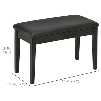 Classic Piano Bench Stool, PU Leather Padded Keyboard Seat with Rubber Wood Legs and Music Storage Compartment, Smooth Seat, Black