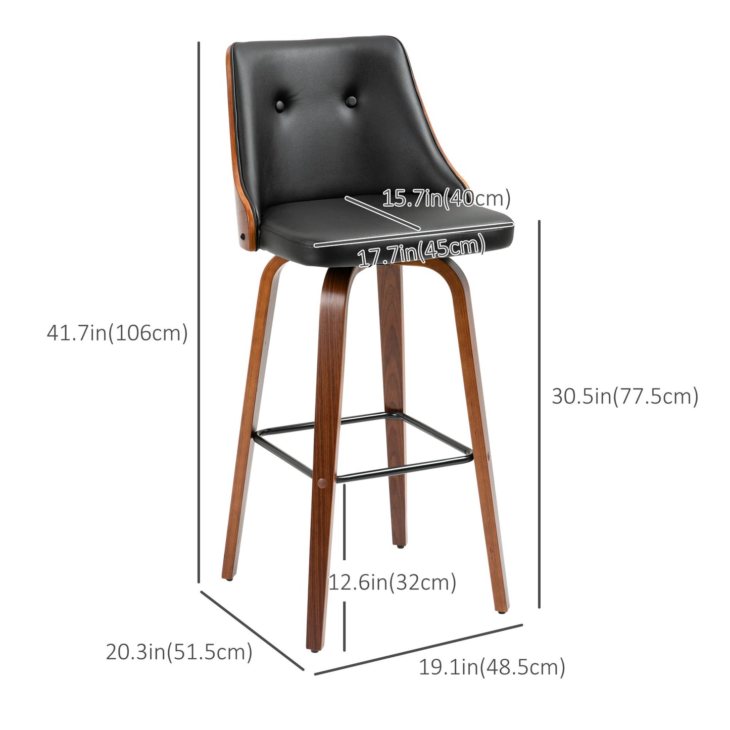 Bar Height Bar Stools Set of 2 PU Leather Upholstered Swivel Barstools with Solid Wood Legs Footrest and Tufted Back, Black