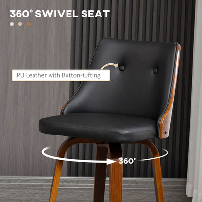 Bar Height Bar Stools Set of 2 PU Leather Upholstered Swivel Barstools with Solid Wood Legs Footrest and Tufted Back, Black