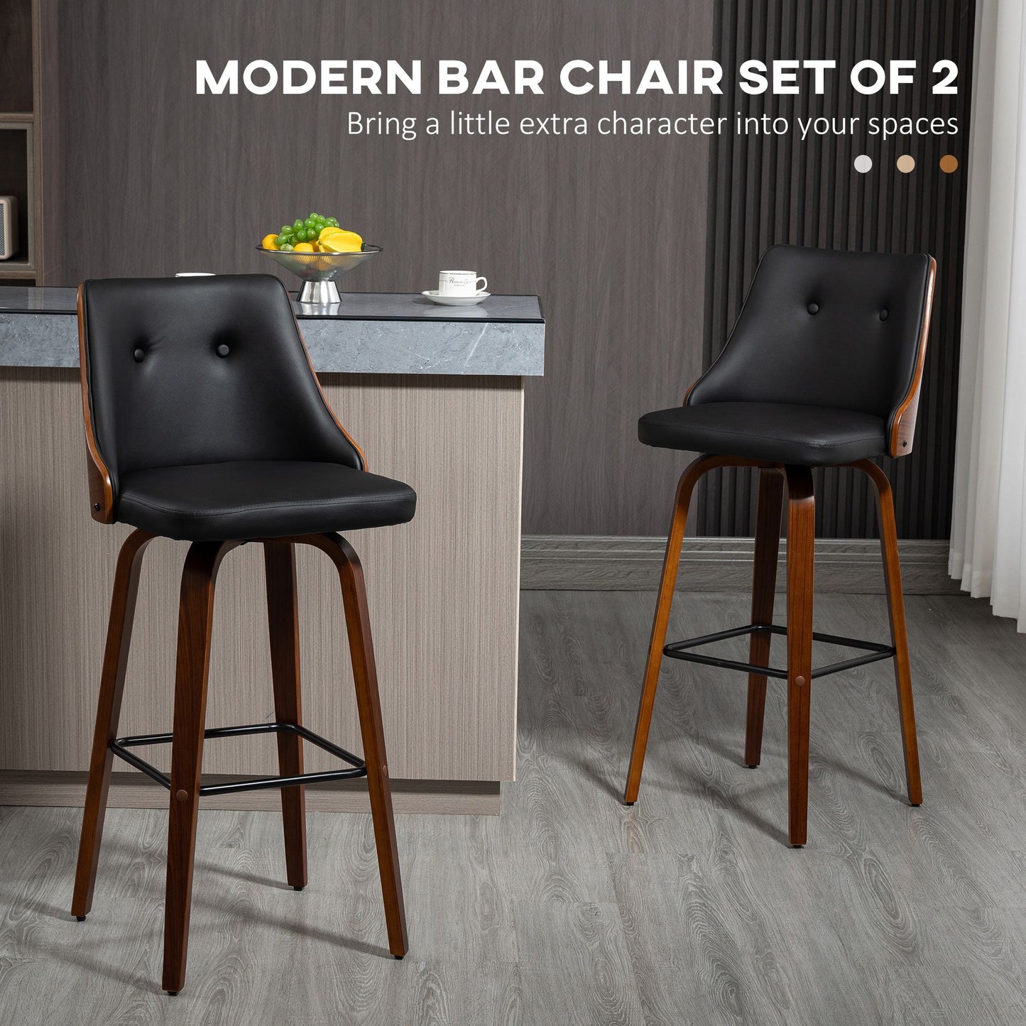 Bar Height Bar Stools Set of 2 PU Leather Upholstered Swivel Barstools with Solid Wood Legs Footrest and Tufted Back, Black