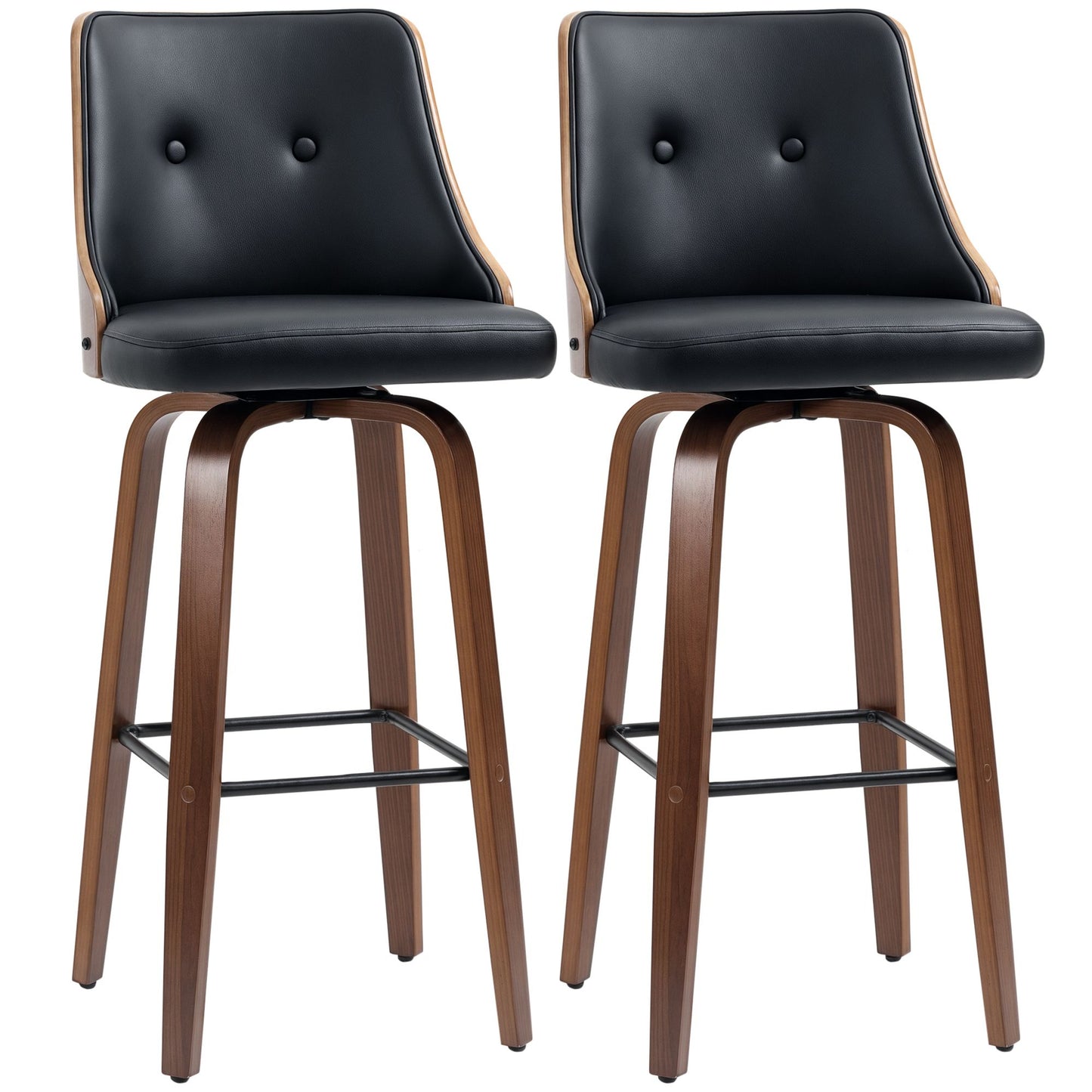 Bar Height Bar Stools Set of 2 PU Leather Upholstered Swivel Barstools with Solid Wood Legs Footrest and Tufted Back, Black