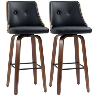 Bar Height Bar Stools Set of 2 PU Leather Upholstered Swivel Barstools with Solid Wood Legs Footrest and Tufted Back, Black
