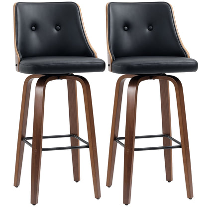 Bar Height Bar Stools Set of 2 PU Leather Upholstered Swivel Barstools with Solid Wood Legs Footrest and Tufted Back, Black