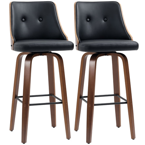 Bar Height Bar Stools Set of 2 PU Leather Upholstered Swivel Barstools with Solid Wood Legs Footrest and Tufted Back, Black