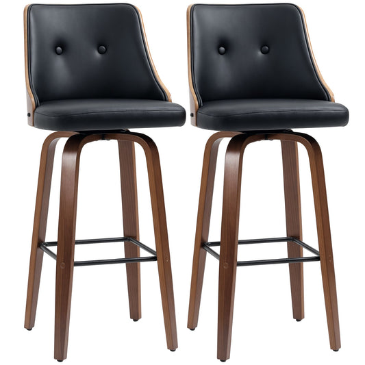Bar Height Bar Stools Set of 2 PU Leather Upholstered Swivel Barstools with Solid Wood Legs Footrest and Tufted Back, Black