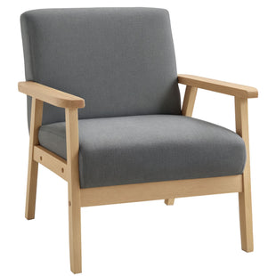 Minimalistic Accent Chairs Wood Frame w/ Thick Linen Cushions Wide Seat Armchair for Bedroom Office, Grey