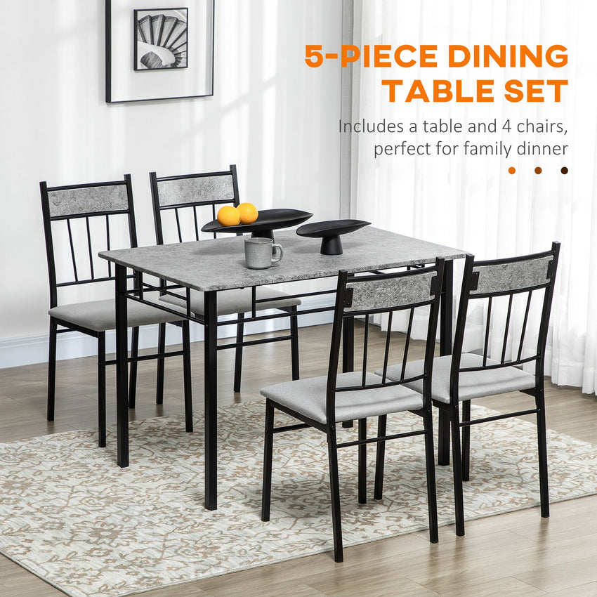 5 Pieces Diner Tables Dining Room Sets for 4 People with Marble Effect Tabletop Padded Chairs and Metal Frame Grey