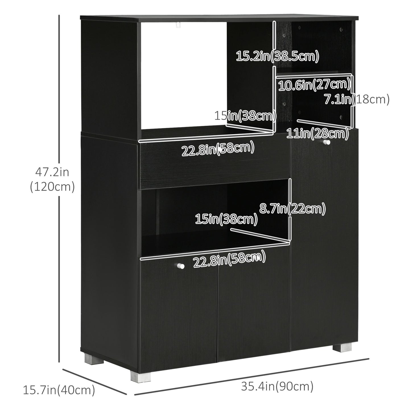 Compact Kitchen Pantry Buffet Server Hutch Storage Cabinet with Microwave Oven Stand Drawer and Shelves, Black
