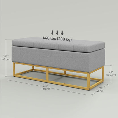 Flip Top Storage Ottoman, Upholstered Storage Bench, Linen Fabric Footstool for Living Room, Bedroom, Grey