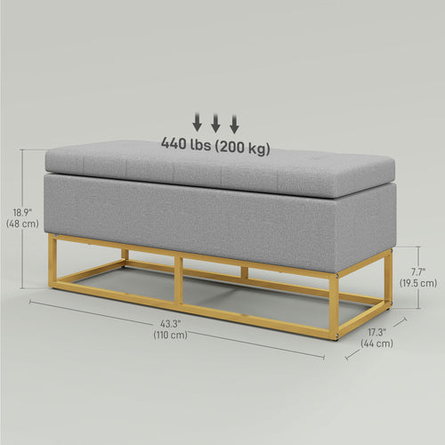 Flip Top Storage Ottoman, Upholstered Storage Bench, Linen Fabric Footstool for Living Room, Bedroom, Grey
