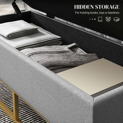 Flip Top Storage Ottoman, Upholstered Storage Bench, Linen Fabric Footstool for Living Room, Bedroom, Grey