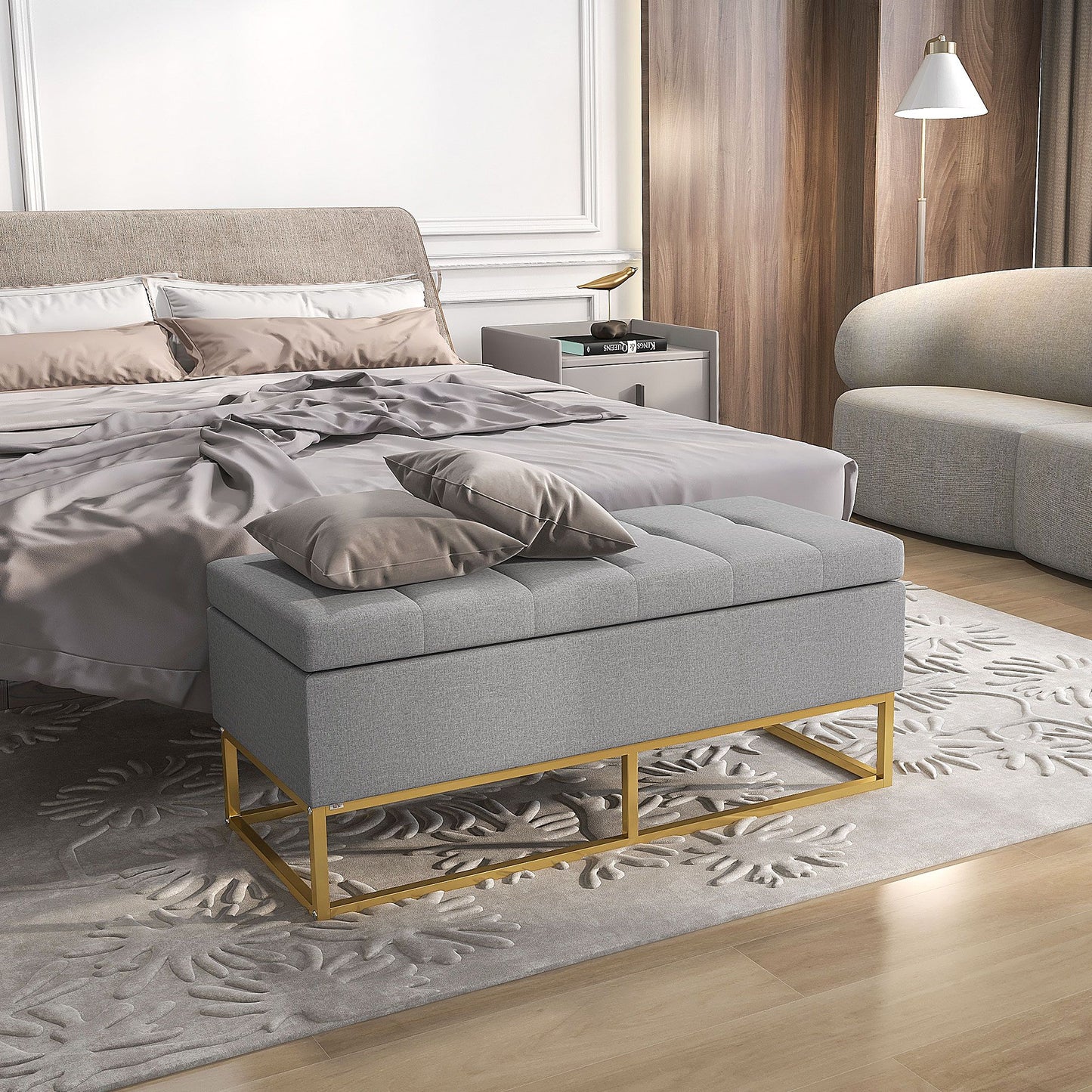 Flip Top Storage Ottoman, Upholstered Storage Bench, Linen Fabric Footstool for Living Room, Bedroom, Grey
