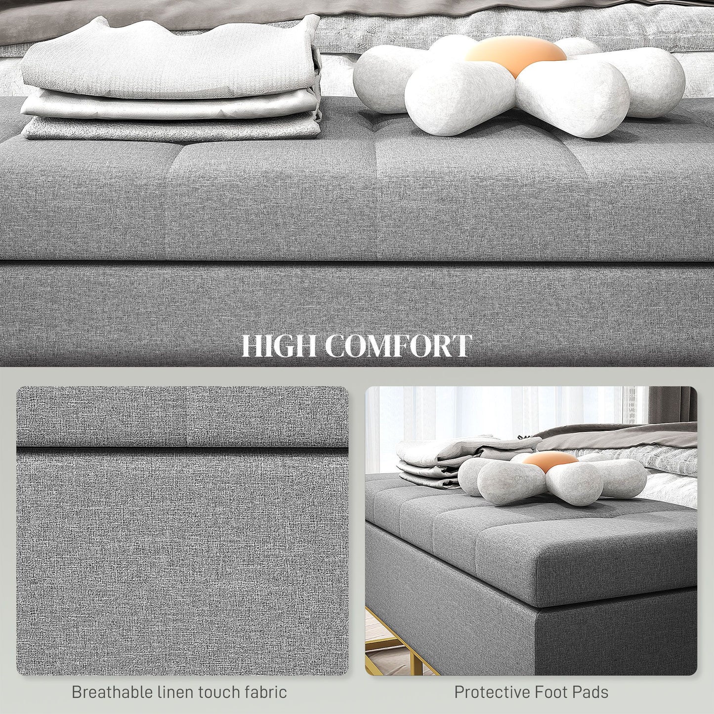 Flip Top Storage Ottoman, Upholstered Storage Bench, Linen Fabric Footstool for Living Room, Bedroom, Grey