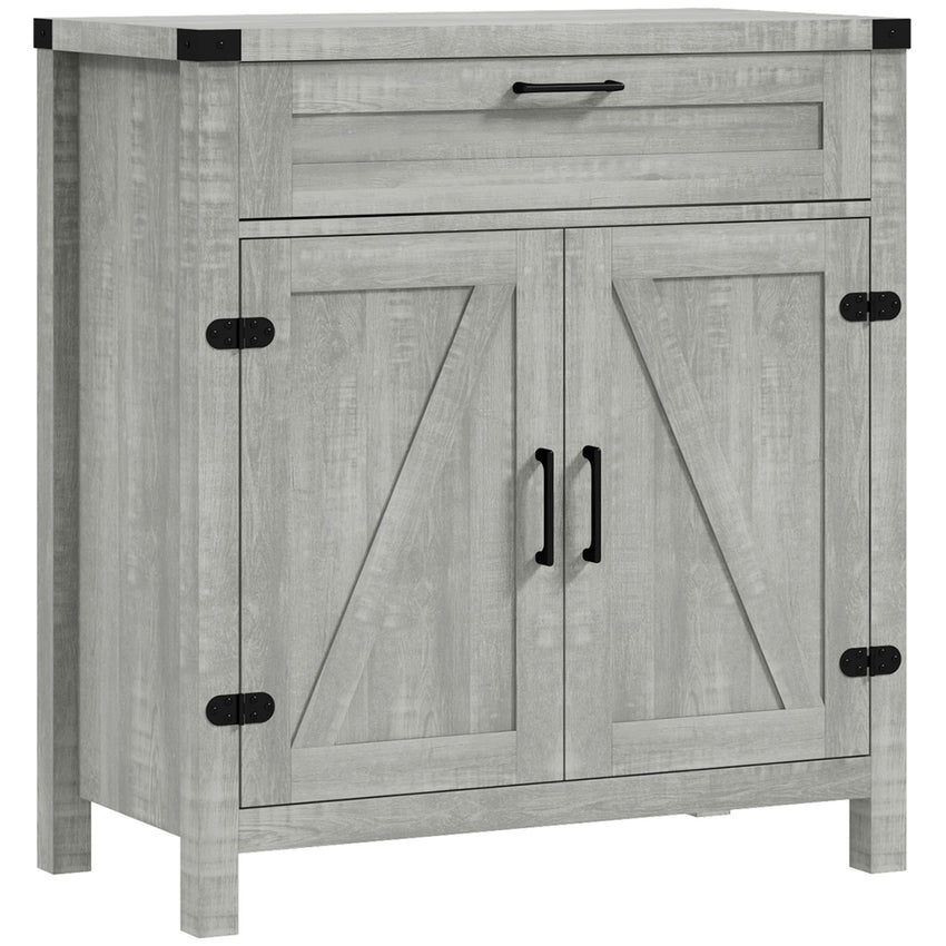 Farmhouse Kitchen Storage Cabinet, Sideboard Buffet Cabinet with 2 Rustic Barn Doors and Drawer, Grey