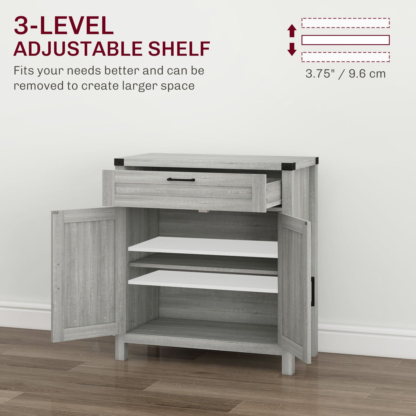 Farmhouse Kitchen Storage Cabinet, Sideboard Buffet Cabinet with 2 Rustic Barn Doors and Drawer, Grey