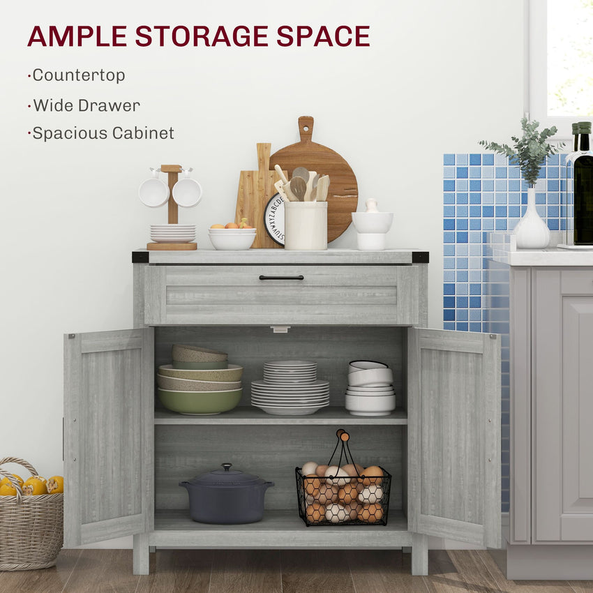 Farmhouse Kitchen Storage Cabinet, Sideboard Buffet Cabinet with 2 Rustic Barn Doors and Drawer, Grey