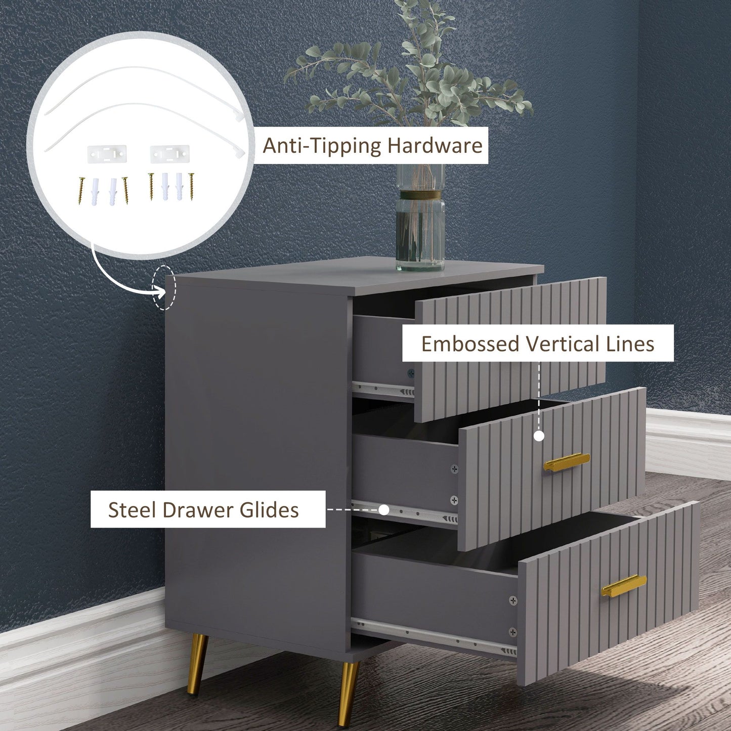 3 Drawer Cabinet, Drawer Chest for Bedroom, Chest of Drawers with Aluminium Legs and Gold Handles, Dark Grey