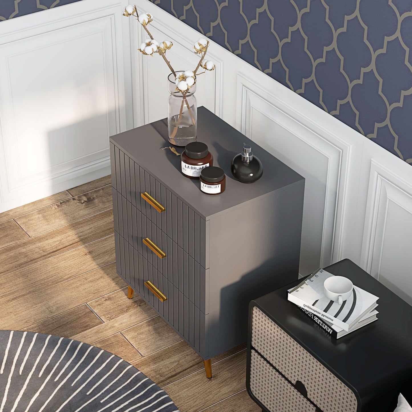 3 Drawer Cabinet, Drawer Chest for Bedroom, Chest of Drawers with Aluminium Legs and Gold Handles, Dark Grey