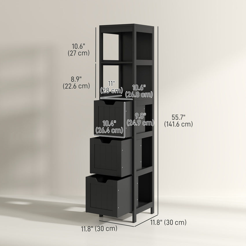 Narrow Bathroom Cabinet with 3 Drawers and 2 Tier Shelf, Tall Cupboard Freestanding Linen Tower, Black